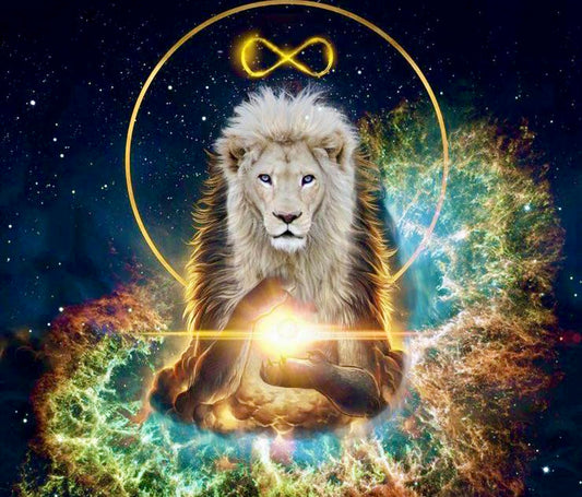 Lion holding a light bulb with an infinity symbol above, set against a cosmic background